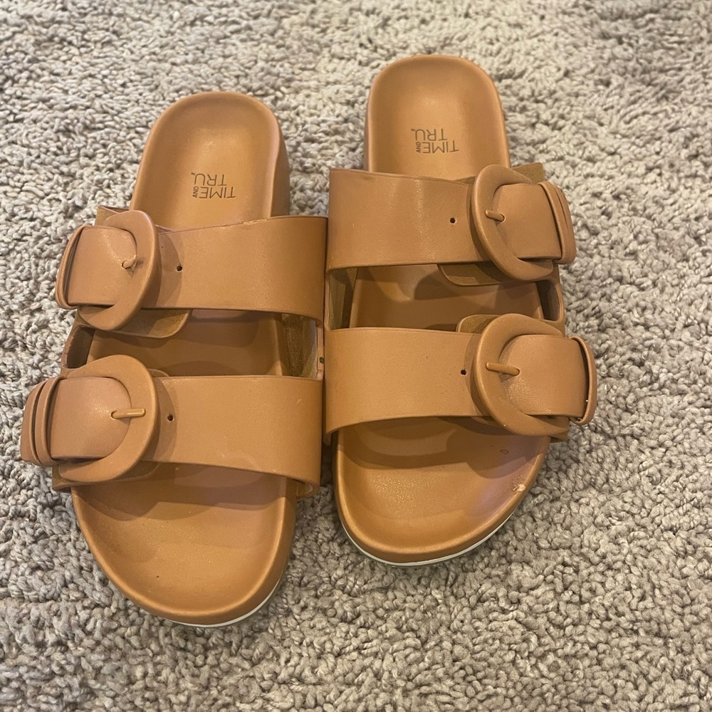 Time and Tru Tan Slide Sandals